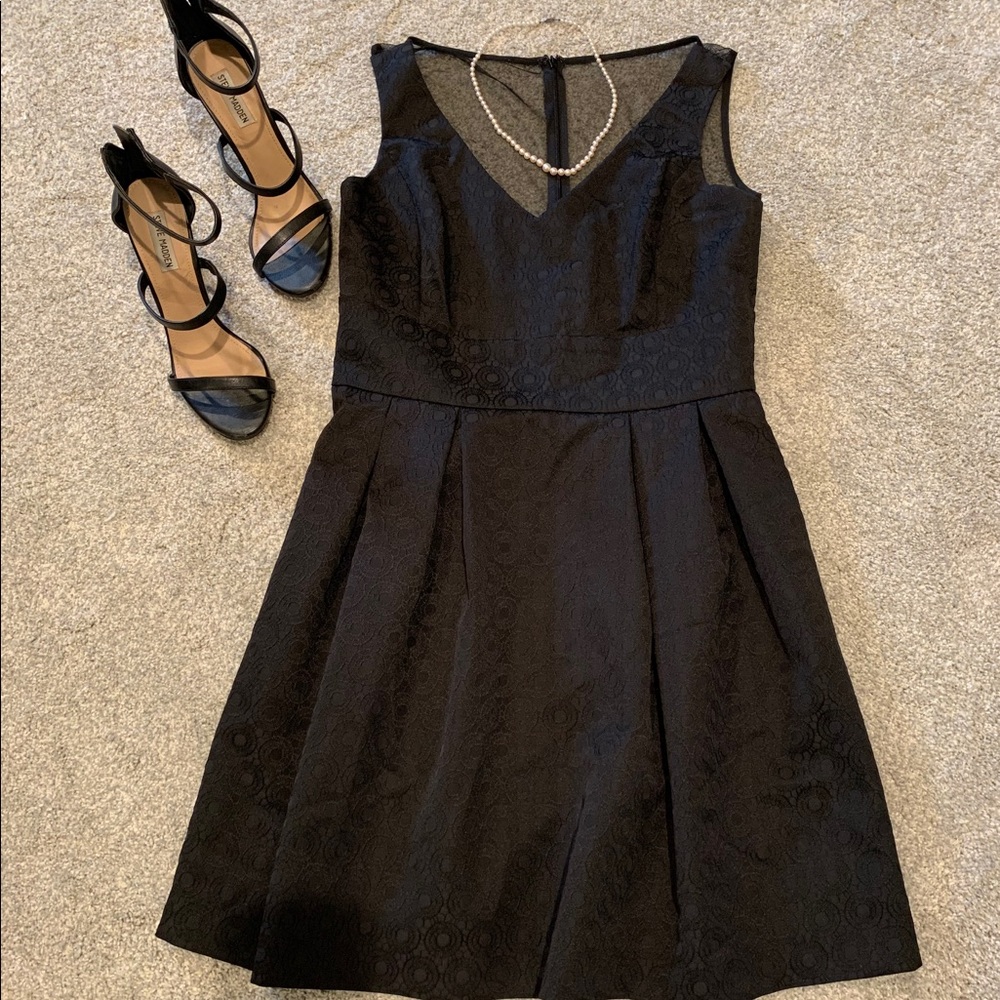 American Living Black Sheer A-Line V-Neck Dress